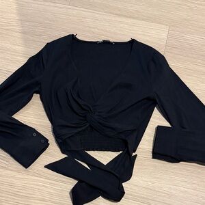 Zara Black linen wrap top